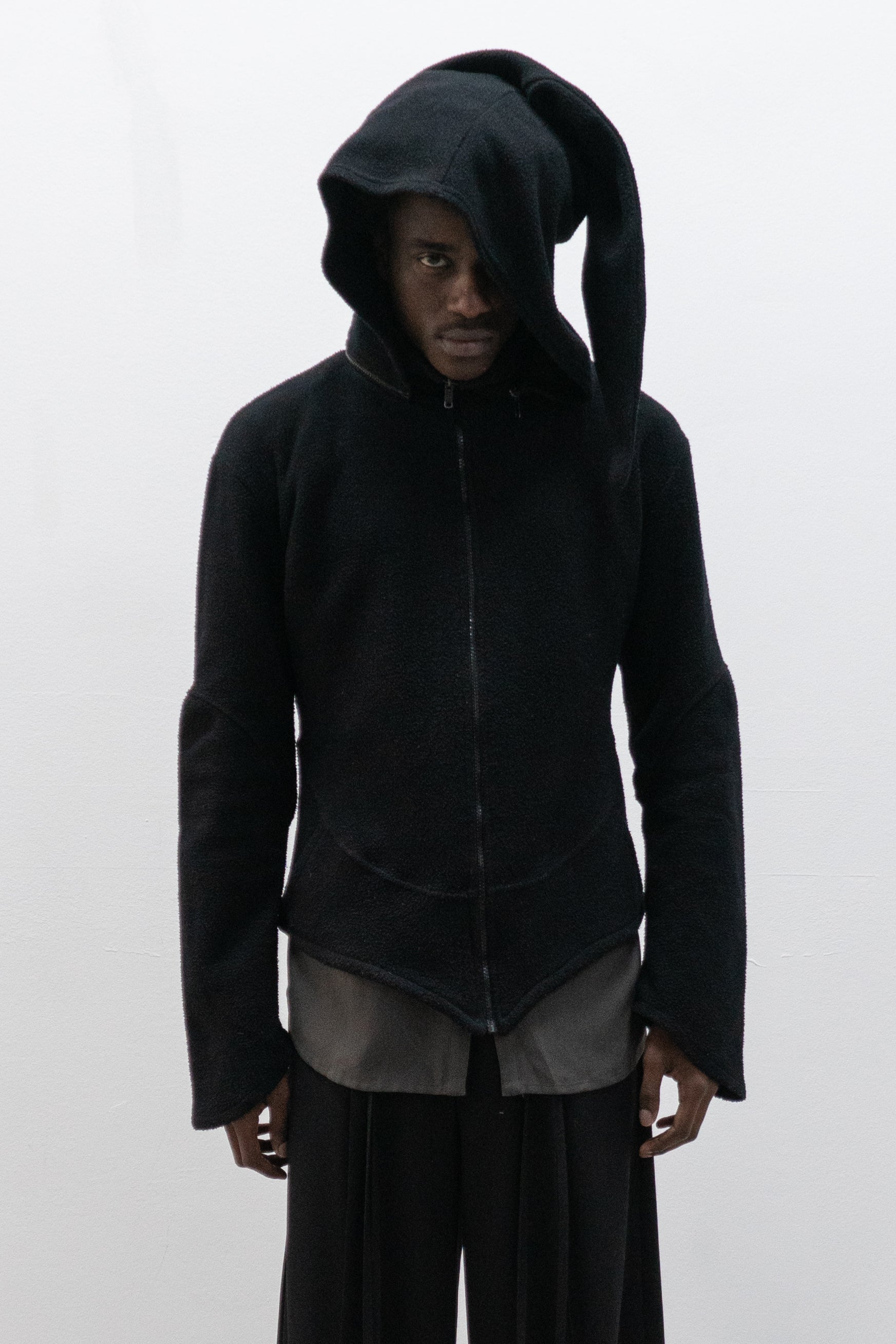 fleece jacket with pointed hood