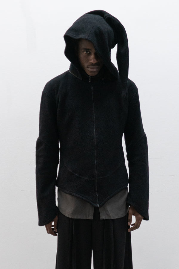 fleece jacket with pointed hood