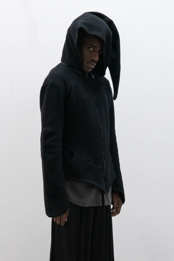 fleece jacket with pointed hood